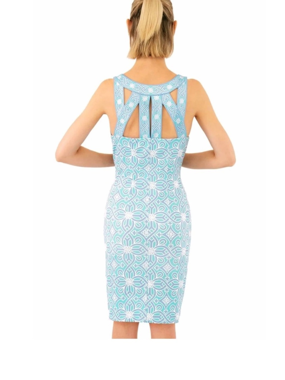 Gretchen Scott Designs Aqua & White Patterned Cutout-Back Mini Dress